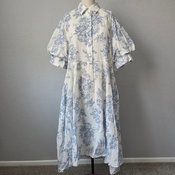 OTHER Dresses & Skirts - NWOT Romantic Blue Floral Linen-Cotton Midi Shirt Dress - Breezy & Chic